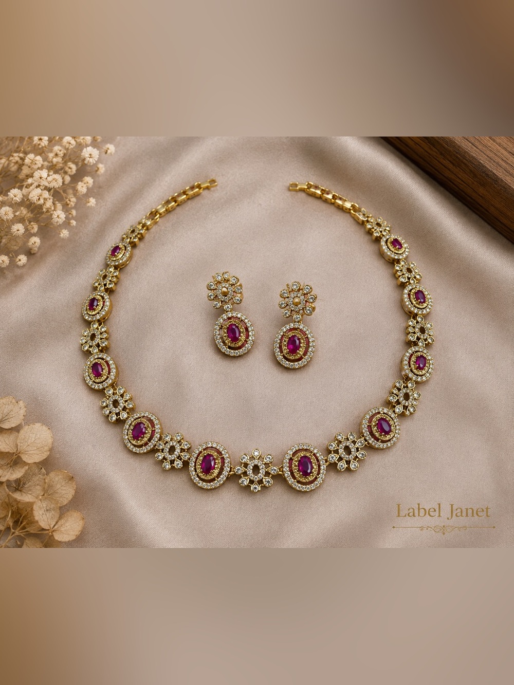 Gold-Plated Necklace & Earrings Set with Pink Stones